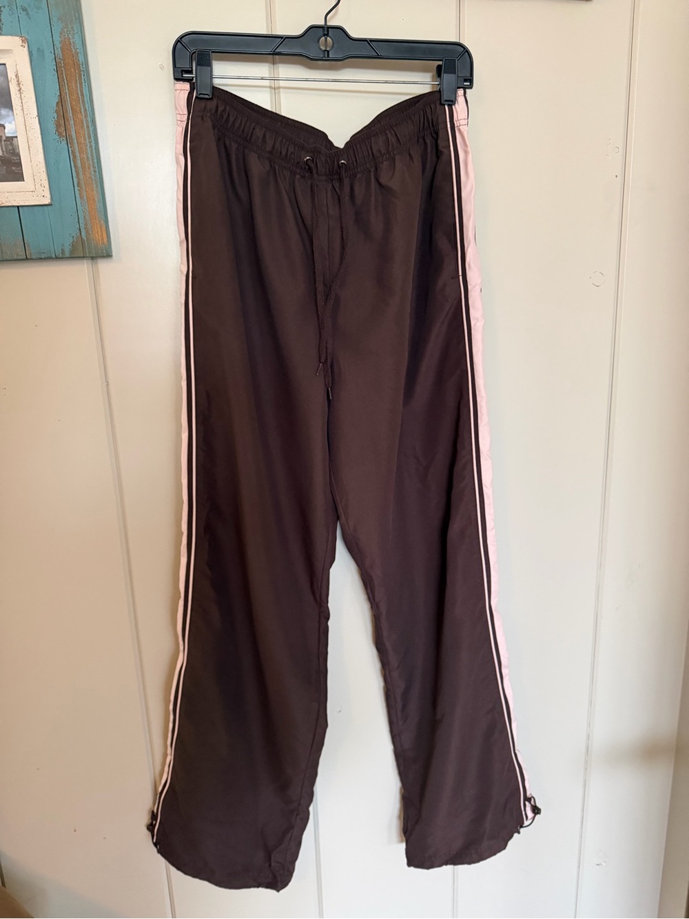Vintage Y2K FUDA Track Pants XL Brown Pink Stripe Wide Leg Zip Hem